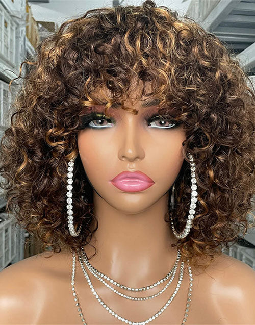 Glueless Highlight Brown Curly Bob Wig With Bangs Human Hair Wig